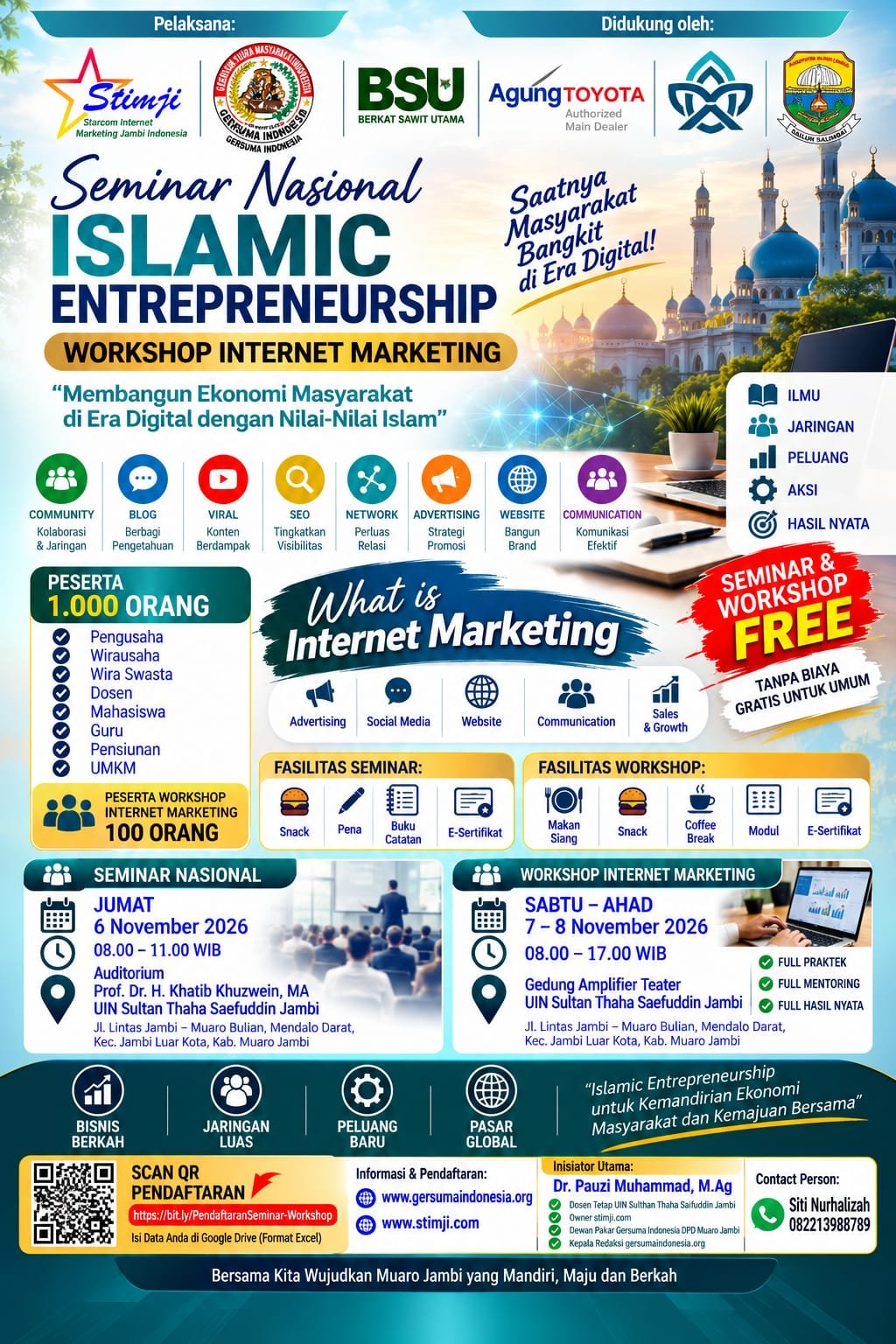Pamflet resmi Seminar Nasional Islamic Entrepreneurship dan Workshop Internet Marketing, 6–8 November 2026